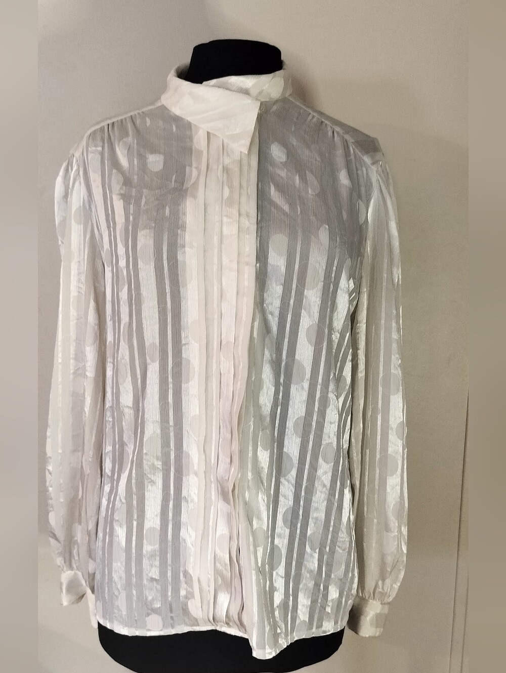 Adolfo Cream Sheer Dot & Stripe Blouse